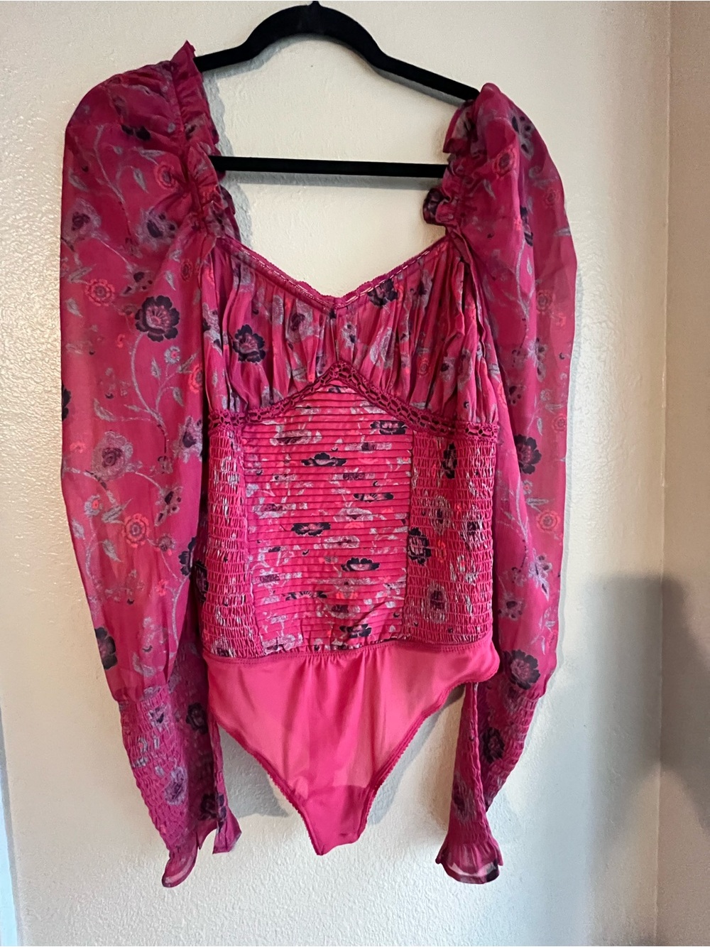 Free People Hot Pink Floral Sheer Sleeve Bodysuit